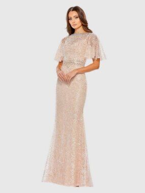 Mac Duggal Blush Pink Embroidered Beaded Mesh Flutter Sleeve Dress
